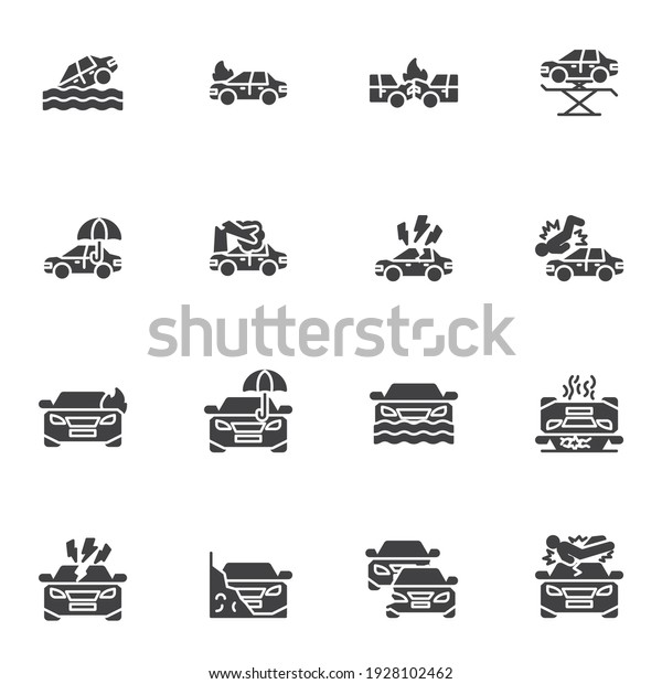 Car insurance vector icons set, auto insurance\
modern solid symbol collection, filled style pictogram pack. Signs,\
logo illustration. Set includes icons as car accident, bodily\
injury liability