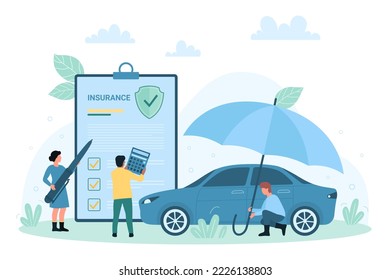 Car insurance vector illustration. Cartoon tiny people holding umbrella to protect vehicle from accidents, characters with calculator and pen to sign policy document with risk coverage and guarantee