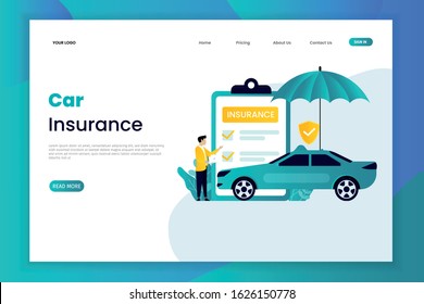 Car insurance vector illustration concept. The car above has an umbrella. Landing page template