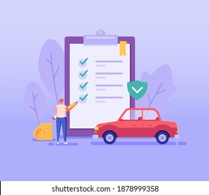 Car Insurance Vector illustration. Man Buying Car Insurance and Signing Form with Red Auto. Concept of Car Insurance Services, Protection Property, Road Accident for Web Design, UI, Banners