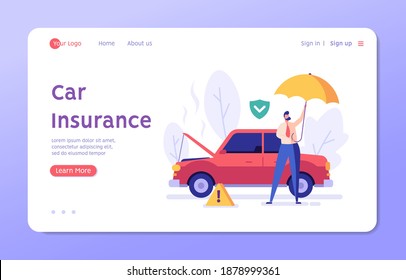 Car Insurance Vector illustration. Man with Umbrella Standing beside Broken Car with Car Insurance. Concept of Car Insurance Services, Protection Property, Road Accident for Web Design, UI, Banners