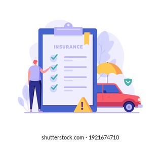 Car insurance vector illustration. Man protecting car with insurance and signing form with red auto. Concept of car insurance service, protection property, insurance agent for web design, ui, banners