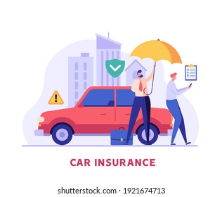 Car insurance vector illustration. Man protecting car with insurance and signing form with red auto. Concept of car insurance service, protection property, insurance agent for web design, ui, banners