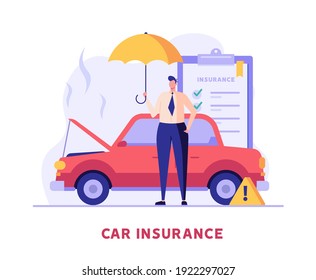 Car insurance vector illustration. Man protecting car with insurance and signing form with red auto. Concept of car insurance service, protection property, insurance agent for web design, ui, banners