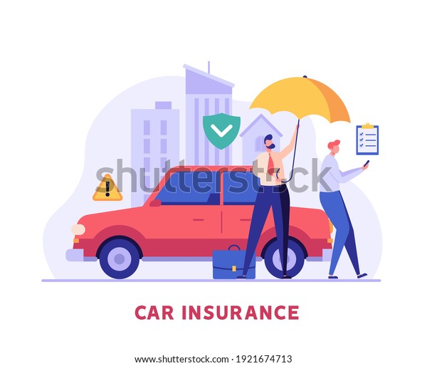 Car insurance vector illustration. Man protecting\
car with insurance and signing form with red auto. Concept of car\
insurance service, protection property, insurance agent for web\
design, ui, banners