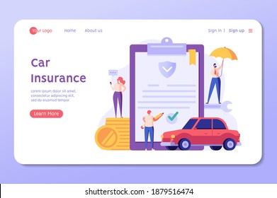 Car Insurance Vector illustration. People Buying Car Insurance and Signing Form with Red Auto. Concept of Car Insurance Services, Protection Property, Road Accident for Landing Page and Web Design