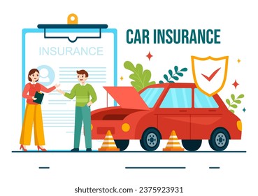 Car Insurance Vector Illustration for Protection For Vehicle Damage And Emergency Risks with Form Document and Cars in Flat Cartoon Background