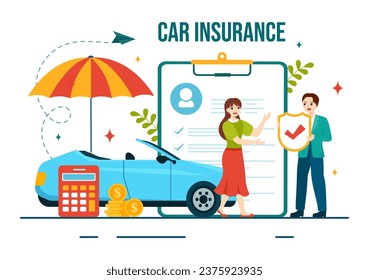 Car Insurance Vector Illustration for Protection For Vehicle Damage And Emergency Risks with Form Document and Cars in Flat Cartoon Background