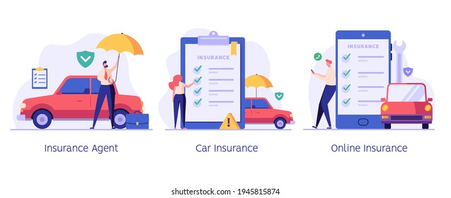 Car insurance vector illustration set. People protecting car with insurance and signing form with red auto. Concept of car insurance service, car accident, insurance agent for web design, ui