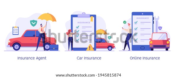 Car insurance vector illustration set. People\
protecting car with insurance and signing form with red auto.\
Concept of car insurance service, car accident, insurance agent for\
web design, ui