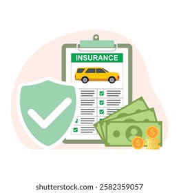 Car insurance vector illustration. Shield for protection, checklist document, and money icon.
