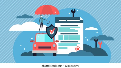Car insurance vector illustration. Stylized motor with agreement and umbrella. Protection, warranty and shield symbol that guards vehicle from accident, damage or collision. People protection business