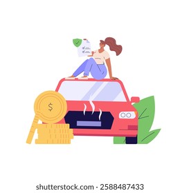 Car Insurance Vector illustration. woman Buying Car Insurance and Signing Form with Red Auto. Concept of Car Insurance Services, Protection Property, Road Accident for Landing Page and Web Design