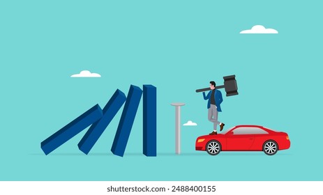 car insurance, vehicle safety guard or assurance cover for transportation accident, automobile protection concept, businessman drive in concrete nails to protect the car from the beam that will hit it