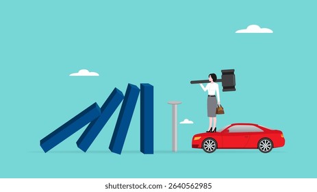 car insurance, vehicle safety guard or assurance cover for transportation accident, automobile protection concept, woman drive in concrete nails to protect the car from the beam that will hit it