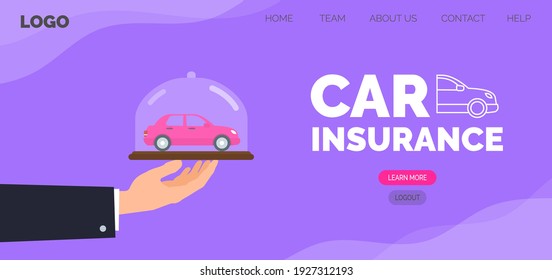 car insurance web banner design . hand holding tray with automobile under glass dome vector illustration