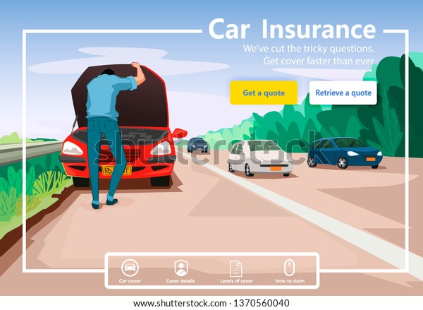 Car insurance website\
conceptual design. Car insurance services. Man is trying to fix the\
car on the road.