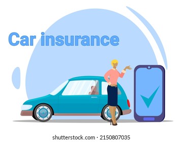 Car insurance.The woman offers to insure vehicles using an application on a smartphone.Vector illustration.