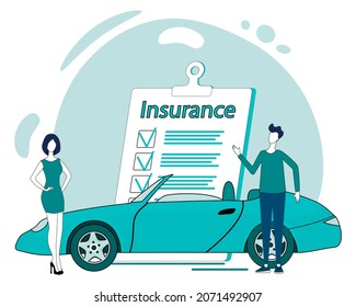 Car insurance.People on the background of a car and an insurance contract.The concept of security of movable property.Flat vector illustration in green.