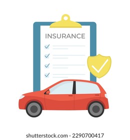 Car insurence. Insurance document, car and shield. Flat cartoon style. Isolated vector illustration 