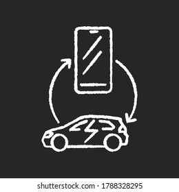 Car integration with smartphone chalk white icon on black background. Near field communication technology. Mobile application for smart vehicle management isolated vector chalkboard illustration