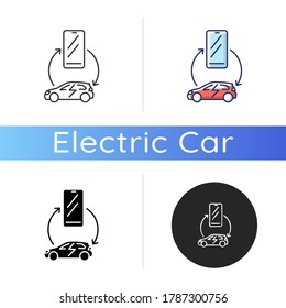 Car integration with smartphone icon. Linear black and RGB color styles. Near field communication technology. Mobile application for smart vehicle management isolated vector illustrations