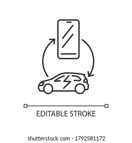 Car Integration With Smartphone Linear Icon. Near Field Communication Technology Thin Line Customizable Illustration. Contour Symbol. Vector Isolated Outline Drawing. Editable Stroke