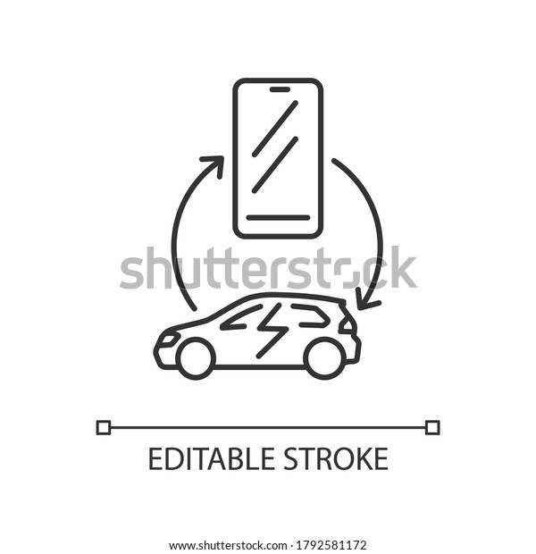 Car\
integration with smartphone linear icon. Near field communication\
technology thin line customizable illustration. Contour symbol.\
Vector isolated outline drawing. Editable\
stroke