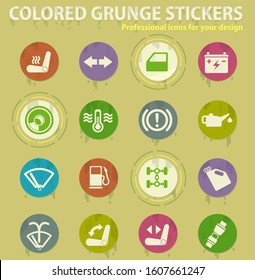 Car interface colored grunge icons with sweats glue for design web and mobile applications