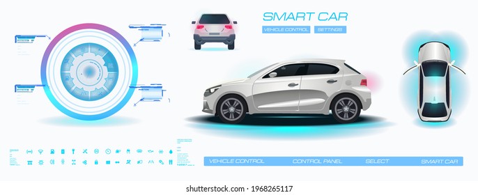 Car interface with device settings. All vehicle parameters on holographic touch screens. Diagnostics and car maintenance. Car interface with HUD, GUI, UI