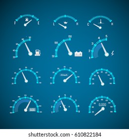 Car interface elements set with different indicators and meters on blue background isolated vector illustration