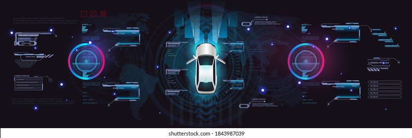 Car interface in HUD, GUI, UI style. Electronic vehicle control system. Car top view with electronic digital interface, parameters and options. Concept car vector