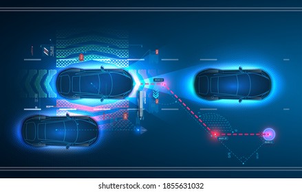 Interfaz de coche en HUD, GUI, estilo UI. Concepto de sistema de detección automotriz. Autónomo. Sistema de ayudantes de conductor. Vista superior del coche con interfaz digital electrónica, parámetros y opciones, escanea el camino