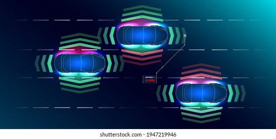 Car interface in HUD, GUI, UI style. Automotive sensing system concept. Autonomous car. Driver assistant system. Car top view with electronic digital interface, parameters and options, scans the road