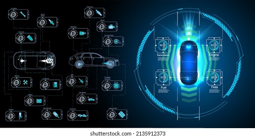 Automobil-Schnittstelle in HUD, GUI, UI-Stil. Konzept des Kfz-Sensor-Systems. Autonome Autos. Assistenzsystem für Fahrer. Auto-Draufsicht mit elektronischer digitaler Schnittstelle, Parametern und Optionen, scannt die Straße