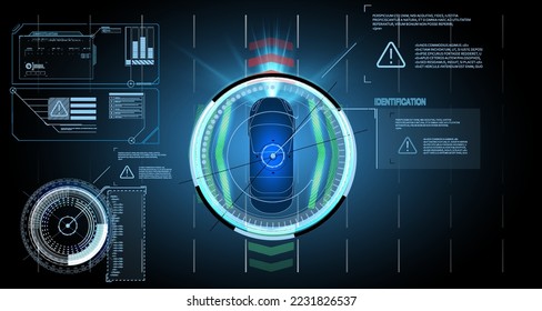 Car interface in HUD, GUI, UI style. Automotive sensing system concept. Autonomous car. Driver assistant system. Car top view with electronic digital interface, parameters and options, scans the road