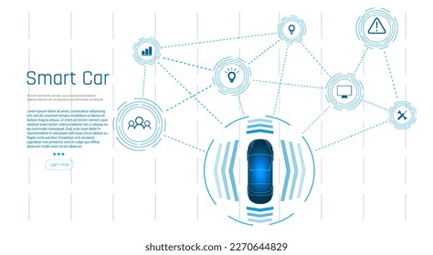 Car interface in HUD, GUI, UI style. Automotive sensing system concept. Autonomous car. Driver assistant system. Car top view with electronic digital interface, parameters and options, scans the road
