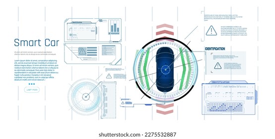 Car interface in HUD, GUI, UI style. Automotive sensing system concept. Autonomous car. Driver assistant system. Car top view with electronic digital interface, parameters and options, scans the road