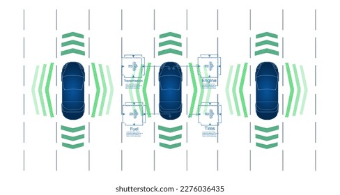 Car interface in HUD, GUI, UI style. Automotive sensing system concept. Autonomous car. Driver assistant system. Car top view with electronic digital interface, parameters and options, scans the road