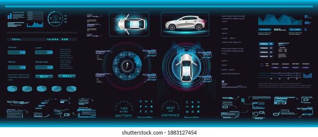 Car interface with parameters, options and settings in HUD, GUI, UI style. HUD style car interface. Digital smart dashboard with car and control settings. Smart car