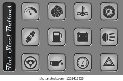 Car interface vector web icons on the flat steel buttons