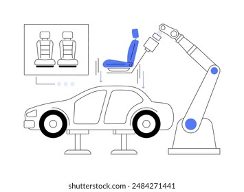 Car interior assembling abstract concept vector illustration. Robotic arm installing car seat, vehicle interior assembling at factory, automotive industry, car manufacturing abstract metaphor.
