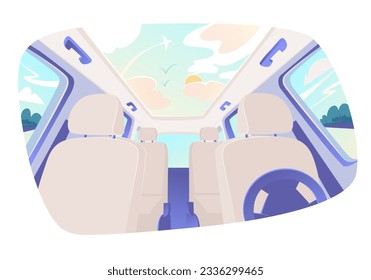 Interior de auto, autos adentro. Interior de coche vacío. Elementos del interior - asientos para pasajeros, volante de dirección. Viajando y viajando en coche. Cabina, vista del conductor dentro del coche con volante