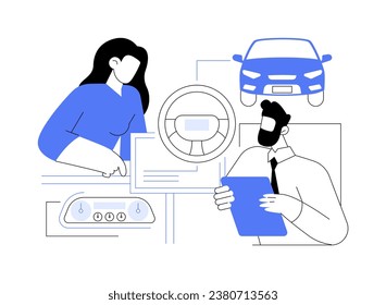 Ilustración vectorial de concepto abstracto de diseño interior del automóvil. Grupo de diseñadores profesionales que esbozan el interior de coches, la industria automotriz, la fabricación de coches, la metáfora abstracta de la idea de trabajo en equipo.