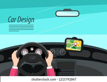 Car Interior Design with Hands on Steering Wheel and GPS Navigation - Vector