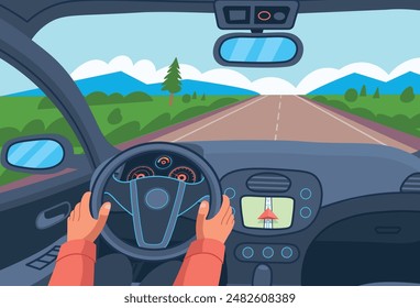 Interior del coche, el conductor controla el coche, la mano en el volante, vista del conductor dentro del coche con el volante, el salpicadero y la carretera, ilustración en estilo plano. Ilustración vectorial de dibujos animados