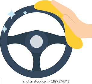 Car Interior Germ Cleaning Concept, Shiny Steering Wheel Hand Vector Color Icon Design, Covid Car Cleaning Service Symbol On White Background, Vehicle Disinfection Sign, Lorry Detailing Stock