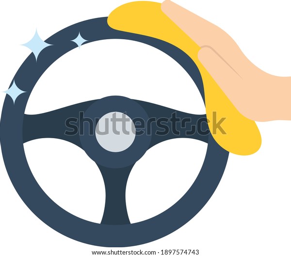 Car Interior Germ Cleaning Concept, Shiny Steering\
Wheel Hand Vector Color Icon Design, covid car cleaning service\
Symbol on white background, Vehicle disinfection Sign, Lorry\
Detailing Stock