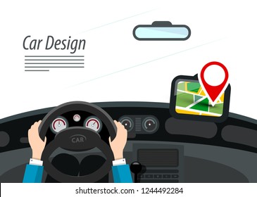 Car Interior with Hands on Steering Wheel and Red Pin on GPS Navigation