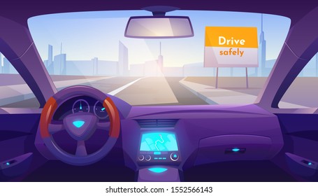 Car interior inside with gps on dashboard and day time view through windshield on road and cityscape skyline, drive safely banner on roadside. Empty vehicle salon design. Cartoon vector illustration